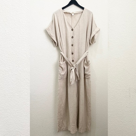 H&M Beige Linen Blend V Neck Button Front Jumpsuit Romper Size XL - Picture 5 of 16